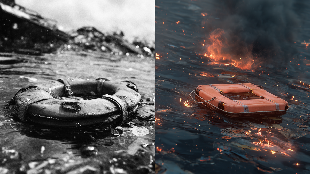 A split image: the left side in black and white shows a life ring floating in water, while the right side in color shows an orange life preserver floating in water surrounded by flames.