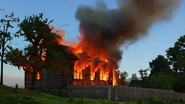 A rural wooden building engulfed in flames, with thick black smoke rising into the sky, trees visible in the background.